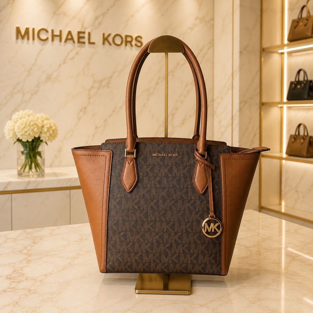 Michael Kors Ayden Large Signature Logo Tote Bag Saffiano Leather Brown Monogram